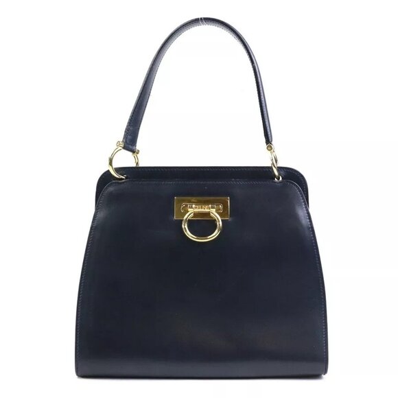 Auth CELINE Handbag Navy Leather/Goldtone - - Picture 1 of 15
